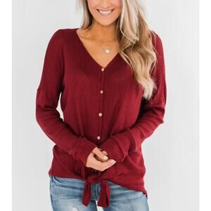 ADORA Thermal Button Knot Top Long Sleeve V-Neck Waffle Knit Burgundy Womens L